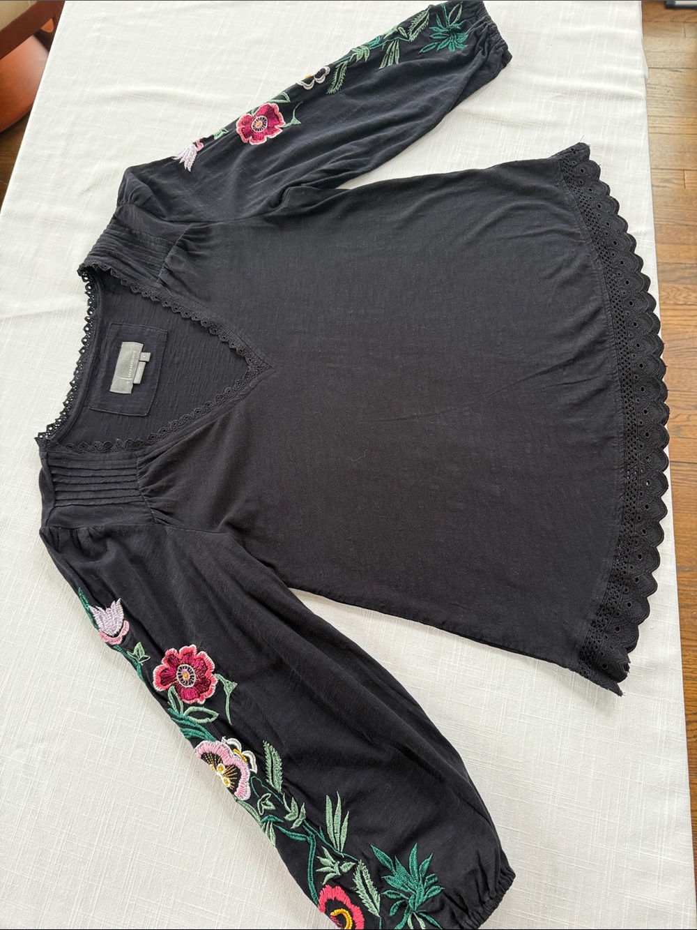 Black Embroidered Floral V-Neck Blouse